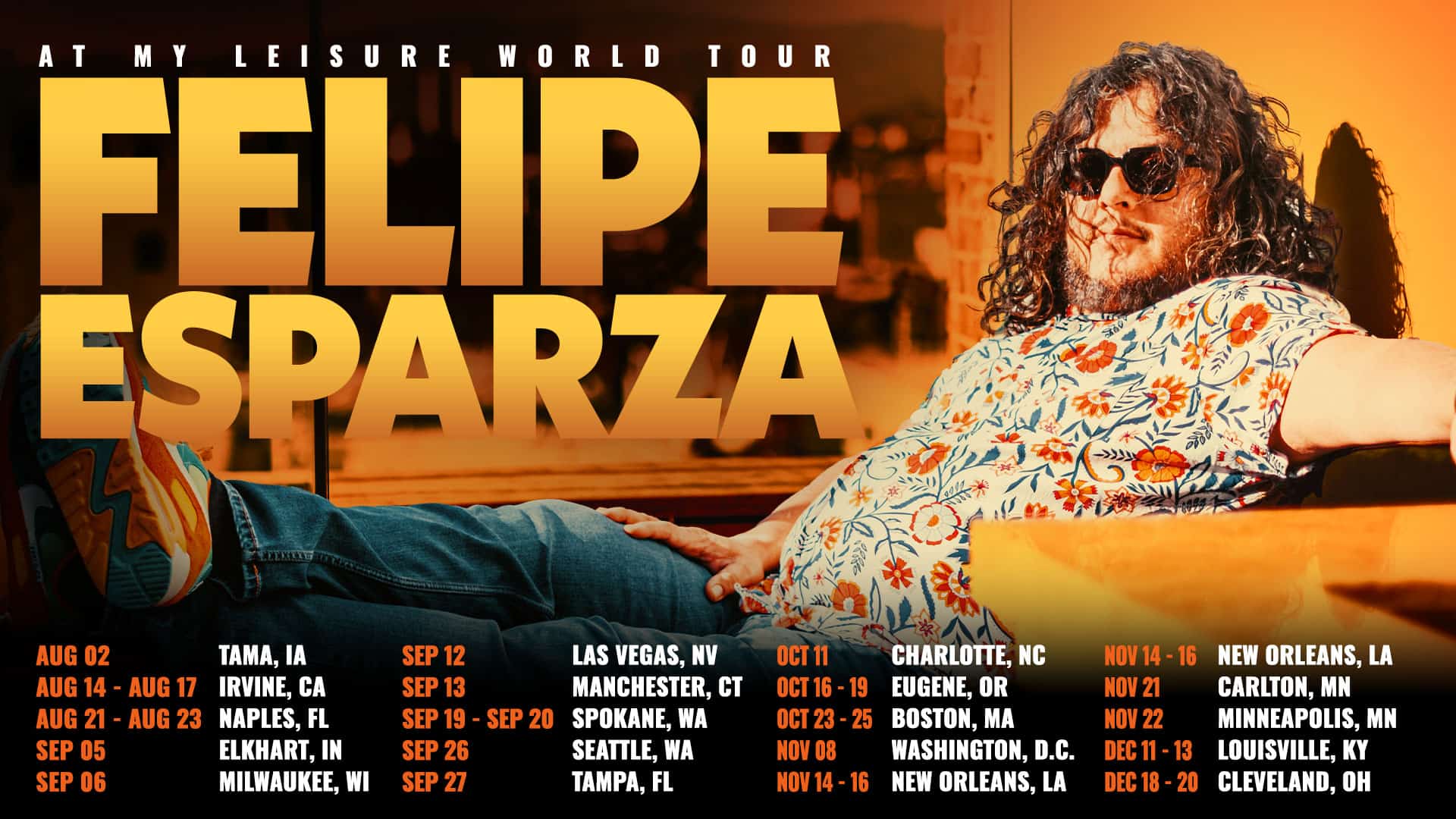 felipe esparza comedian at my leisure tour lounging on couch new tour dates