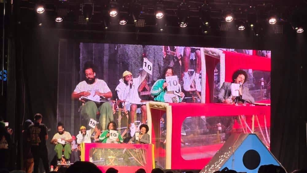 four guys as panel of judges for rap battle. Felipe Esparza, Reggie Watts, Eric Andre